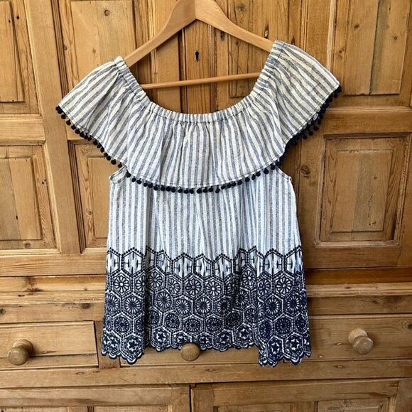 Joy Joy Large White Blue Striped‎ Blouse Off The Shoulder Embrodiered - Picture 9 of 12